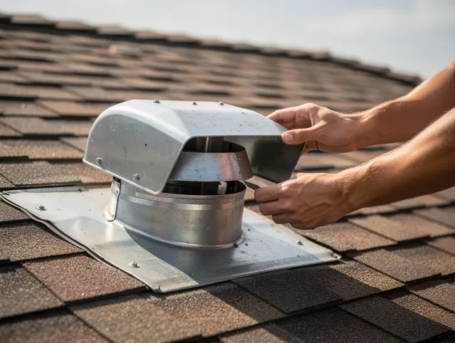 La Habra Dryer Vent Cleaning certified technician safely cleaning a roof-mounted dryer vent in La Habra
