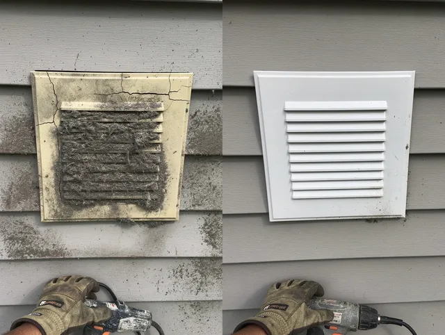 La Habra Dryer Vent Cleaning technician installing high-quality dryer vent cover at a residential property in La Habra